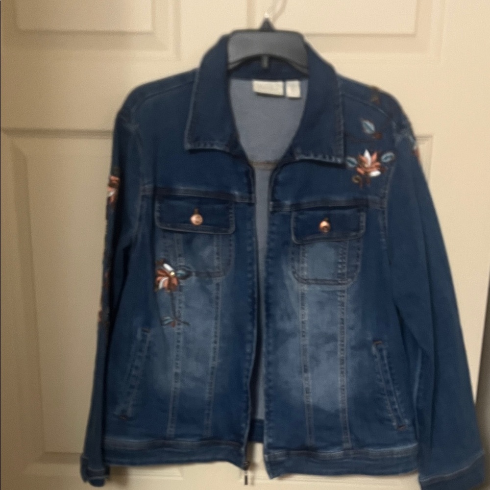 Chico's Blue Denim Jacket with Floral Embroidery